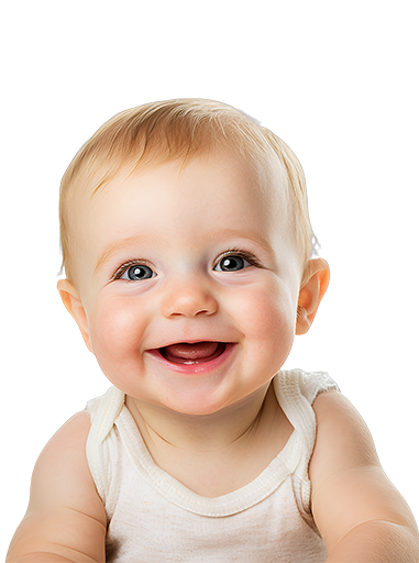 A happy, wide-eyed infant with light hair wearing a simple white tank top and smiling brightly at the camera.
