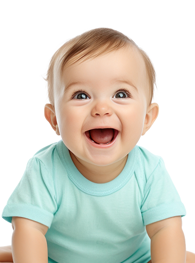 A joyful baby with a big open-mouthed laugh wearing a light blue shirt while crawling toward the viewer.